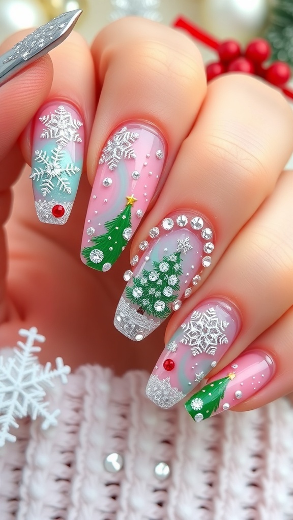 Korean Winter Christmas Nail Art Designs Korean winter Christmas nail art with snowflakes and Christmas trees, decorated with rhinestones.